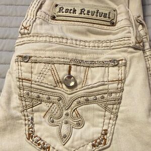 Rock Revival Beige Women's Jeans with Embellished Pockets